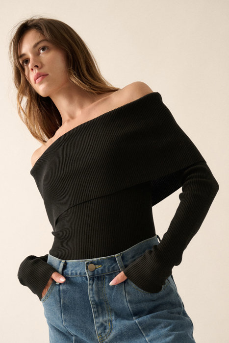 Billie Rib-Knit Off-Shoulder Foldover Top | Women's Black Sweater Shirt | Long Sleeve | Winter and Fall Trendy Fashion