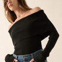  Billie Rib-Knit Off-Shoulder Foldover Top | Women's Black Sweater Shirt | Long Sleeve | Winter and Fall Trendy Fashion