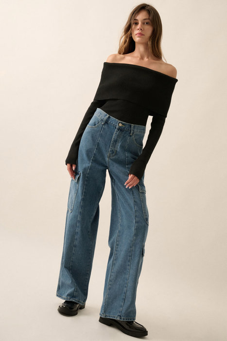 Billie Rib-Knit Off-Shoulder Foldover Top | Women's Black Sweater Shirt | Long Sleeve | Winter and Fall Trendy Fashion