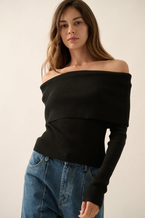 Billie Rib-Knit Off-Shoulder Foldover Top | Women's Black Sweater Shirt | Long Sleeve | Winter and Fall Trendy Fashion
