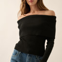  Billie Rib-Knit Off-Shoulder Foldover Top | Women's Black Sweater Shirt | Long Sleeve | Winter and Fall Trendy Fashion