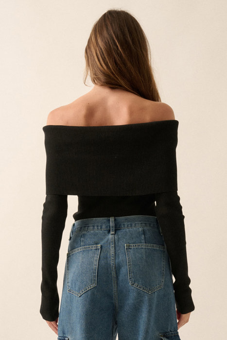 Billie Rib-Knit Off-Shoulder Foldover Top | Women's Black Sweater Shirt | Long Sleeve | Winter and Fall Trendy Fashion
