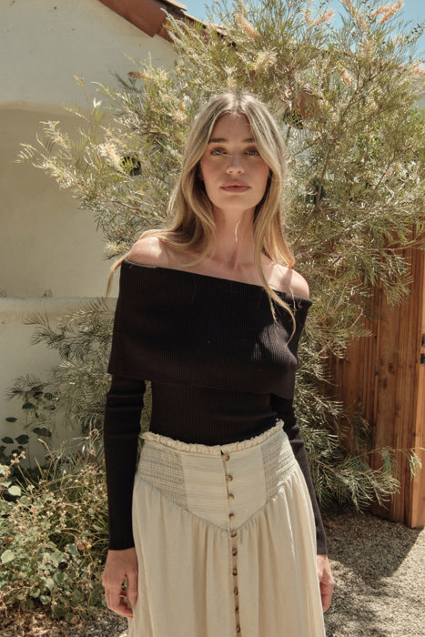 Billie Rib-Knit Off-Shoulder Foldover Top | Women's Black Sweater Shirt | Long Sleeve | Winter and Fall Trendy Fashion