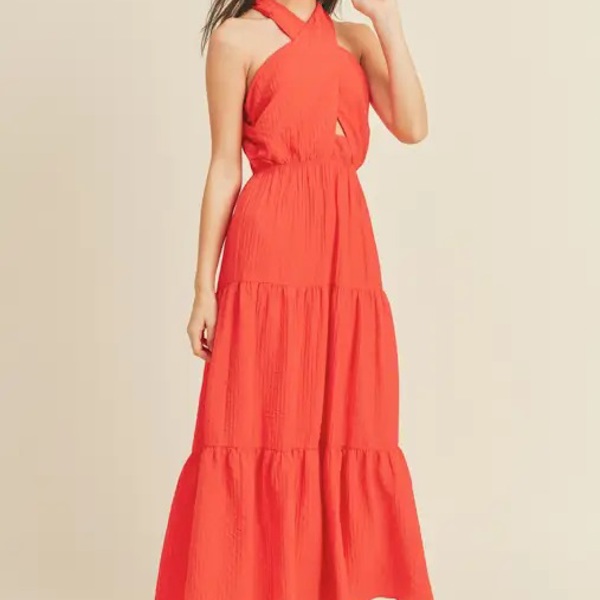 Braelyn Cross Front Halter Maxi Dress | Women's Red Cross