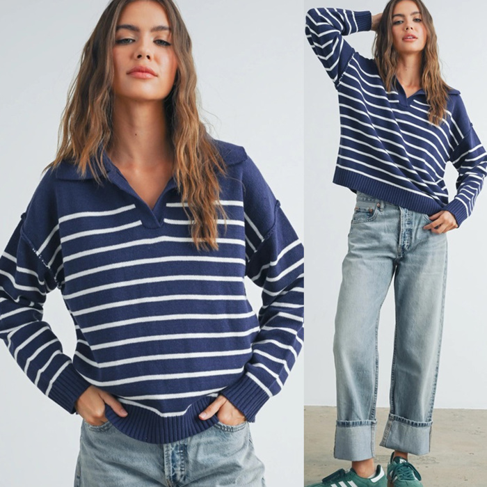 Brianne V-Neck Striped Navy/Ivory Sweater | Cozy and Stylish Women's Sweater | Fall and Winter Trendy Fashion | Blue and White Stripes