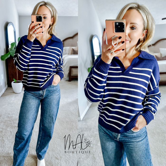 Brianne V-Neck Striped Navy/Ivory Sweater | Cozy and Stylish Women's Sweater | Fall and Winter Trendy Fashion | Blue and White Stripes