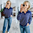  Brianne V-Neck Striped Navy/Ivory Sweater | Cozy and Stylish Women's Sweater | Fall and Winter Trendy Fashion | Blue and White Stripes