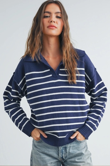 Brianne V-Neck Striped Navy/Ivory Sweater | Cozy and Stylish Women's Sweater | Fall and Winter Trendy Fashion | Blue and White Stripes