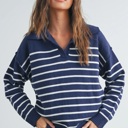  Brianne V-Neck Striped Navy/Ivory Sweater | Cozy and Stylish Women's Sweater | Fall and Winter Trendy Fashion | Blue and White Stripes