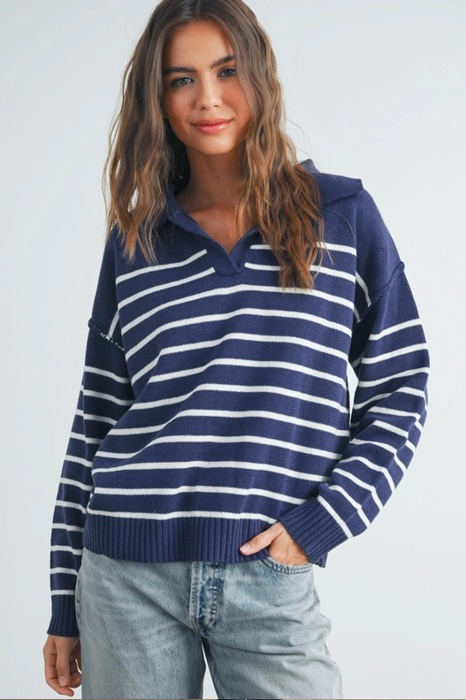 Brianne V-Neck Striped Navy/Ivory Sweater | Cozy and Stylish Women's Sweater | Fall and Winter Trendy Fashion | Blue and White Stripes