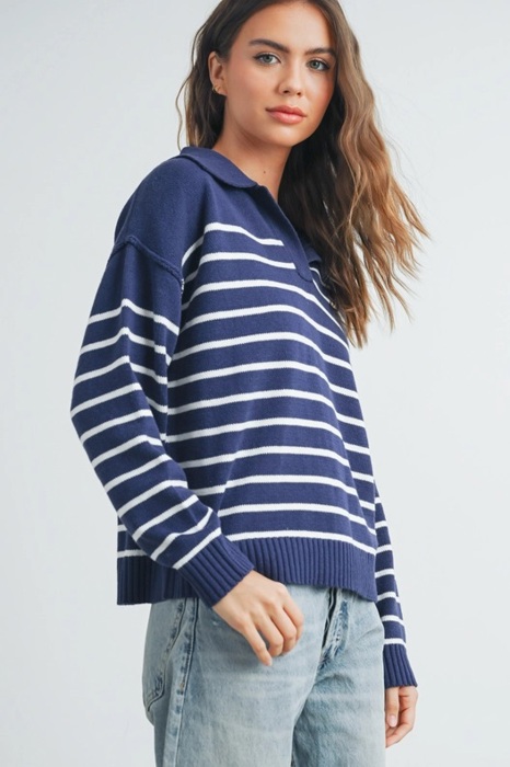 Brianne V-Neck Striped Navy/Ivory Sweater | Cozy and Stylish Women's Sweater | Fall and Winter Trendy Fashion | Blue and White Stripes