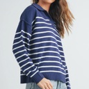  Brianne V-Neck Striped Navy/Ivory Sweater | Cozy and Stylish Women's Sweater | Fall and Winter Trendy Fashion | Blue and White Stripes