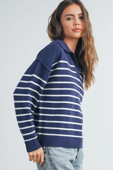 Brianne V-Neck Striped Navy/Ivory Sweater | Cozy and Stylish Women's Sweater | Fall and Winter Trendy Fashion | Blue and White Stripes