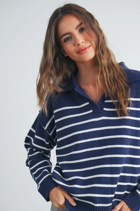 Brianne V-Neck Striped Navy/Ivory Sweater | Cozy and Stylish Women's Sweater | Fall and Winter Trendy Fashion | Blue and White Stripes