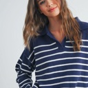  Brianne V-Neck Striped Navy/Ivory Sweater | Cozy and Stylish Women's Sweater | Fall and Winter Trendy Fashion | Blue and White Stripes