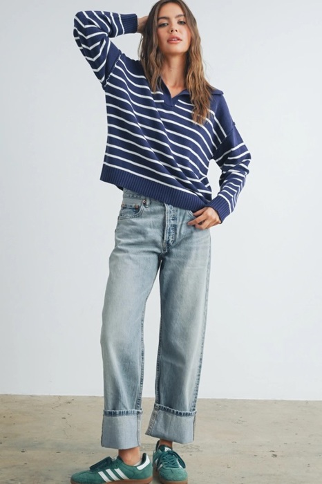 Brianne V-Neck Striped Navy/Ivory Sweater | Cozy and Stylish Women's Sweater | Fall and Winter Trendy Fashion | Blue and White Stripes