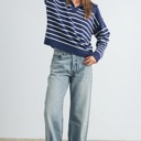  Brianne V-Neck Striped Navy/Ivory Sweater | Cozy and Stylish Women's Sweater | Fall and Winter Trendy Fashion | Blue and White Stripes