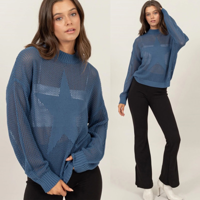 Brooke Star Pattern Open-Stich Sweater | Relaxed Fit Blue Women's Shirt | Open-Knit Sweater | Trendy Sweaters