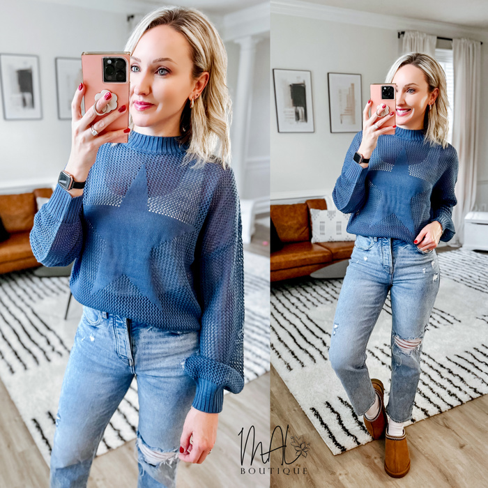 Brooke Star Pattern Open-Stich Sweater | Relaxed Fit Blue Women's Shirt | Open-Knit Sweater | Trendy Sweaters