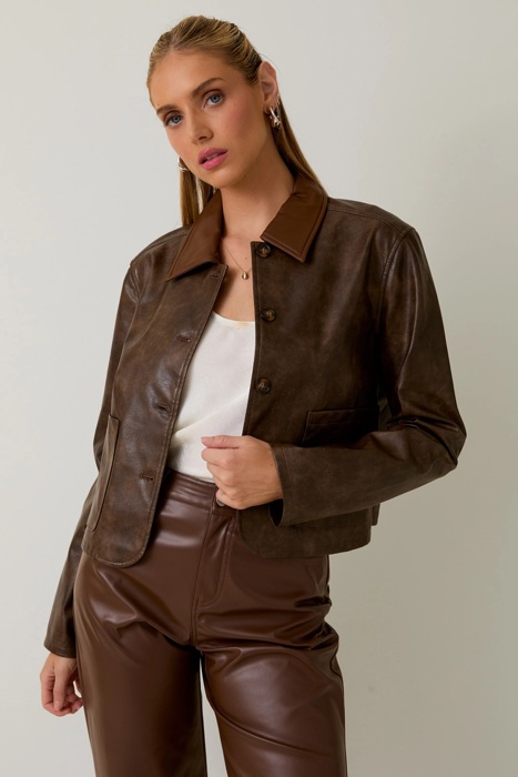 Brooks Faux Leather Long Sleeve Cropped Jacket | Women's Outerwear | Chic Trendy Fall and Winter Fashion | Collared | Layering