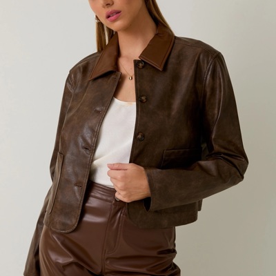 Brooks Faux Leather Long Sleeve Cropped Jacket | Women's Outerwear | Chic Trendy Fall and Winter Fashion | Collared | Layering