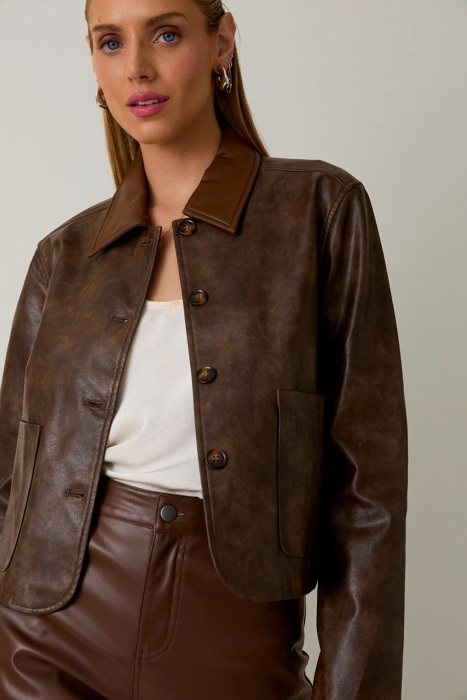 Brooks Faux Leather Long Sleeve Cropped Jacket | Women's Outerwear | Chic Trendy Fall and Winter Fashion | Collared | Layering
