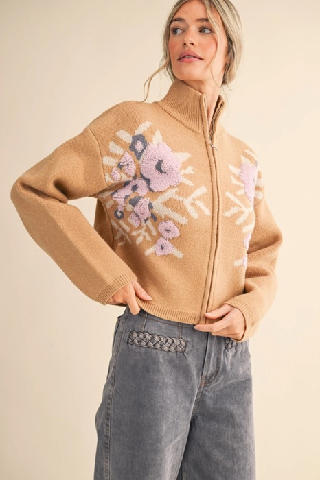 Cameron Floral Zip Up Sweater Cardigan | Women's Fall and Winter Knit Top | Chic Warm Stylish Soft Statement Shirt