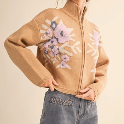 Cameron Floral Zip Up Sweater Cardigan | Women's Fall and Winter Knit Top | Chic Warm Stylish Soft Statement Shirt