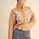  Cameron Floral Zip Up Sweater Cardigan | Women's Fall and Winter Knit Top | Chic Warm Stylish Soft Statement Shirt