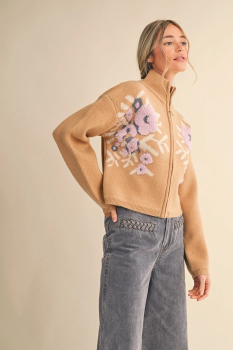 Cameron Floral Zip Up Sweater Cardigan | Women's Fall and Winter Knit Top | Chic Warm Stylish Soft Statement Shirt