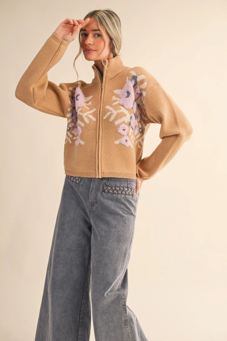 Cameron Floral Zip Up Sweater Cardigan | Women's Fall and Winter Knit Top | Chic Warm Stylish Soft Statement Shirt