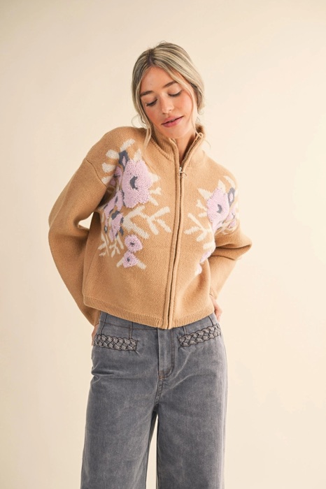 Cameron Floral Zip Up Sweater Cardigan | Women's Fall and Winter Knit Top | Chic Warm Stylish Soft Statement Shirt