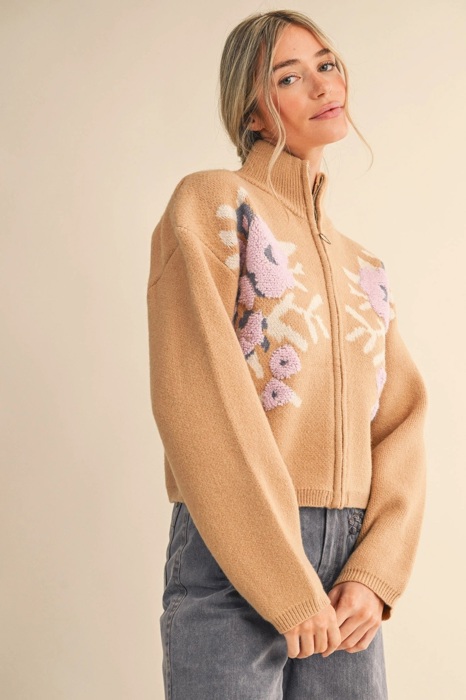 Cameron Floral Zip Up Sweater Cardigan | Women's Fall and Winter Knit Top | Chic Warm Stylish Soft Statement Shirt