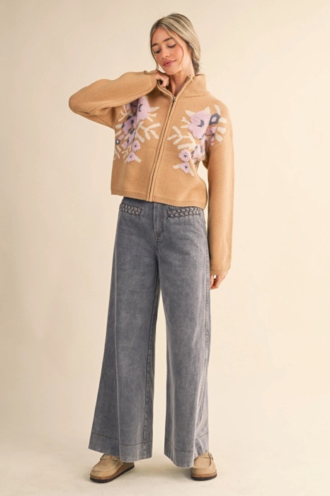 Cameron Floral Zip Up Sweater Cardigan | Women's Fall and Winter Knit Top | Chic Warm Stylish Soft Statement Shirt