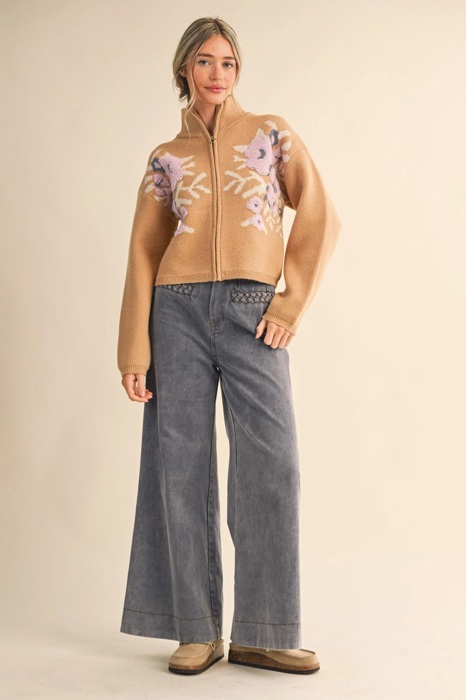 Cameron Floral Zip Up Sweater Cardigan | Women's Fall and Winter Knit Top | Chic Warm Stylish Soft Statement Shirt