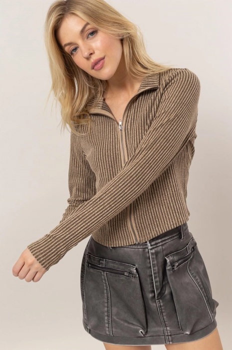 Carla Striped Zip-Up Knit Top | Front Zipper | Taupe Tan Beige Neutral Women's Top | Women's Shirt | Collared Shirt