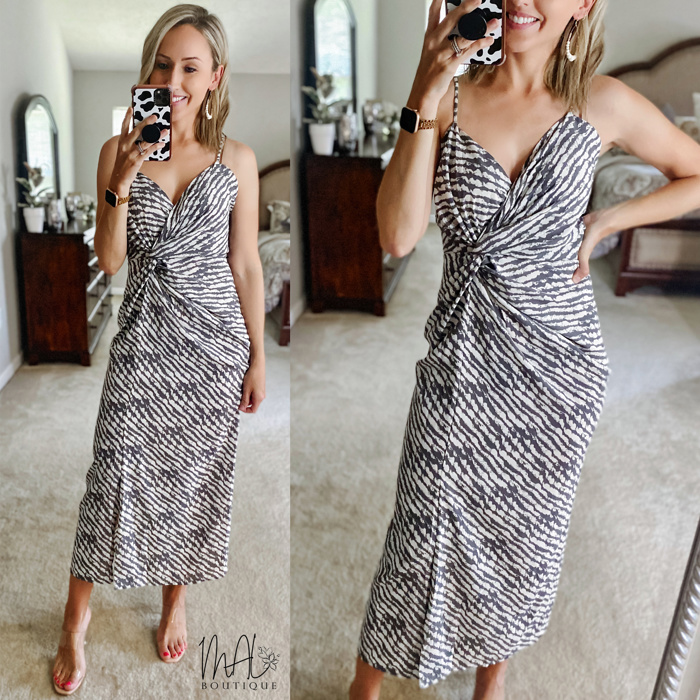 Carly Wrapped Midi Dress | Zebra Print Denim Colored V-Neck Vacation Dress | Open Back | Date Night | Cinched Waist | Women's Dress