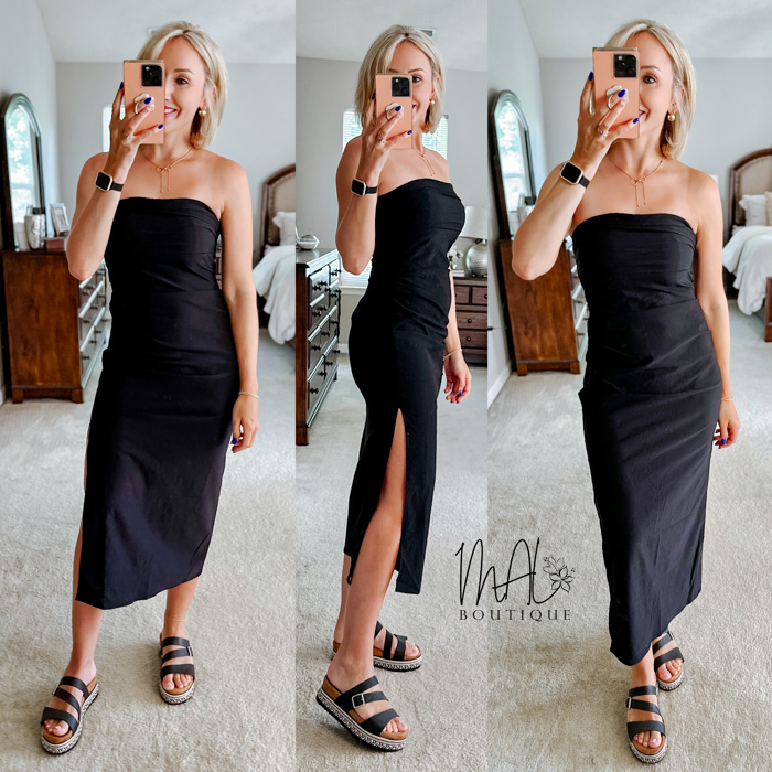 Celine Tube Midi Dress | Black Tube Top Bodycon Ruched Dress | Vacation Dress | Wedding Guest Dress