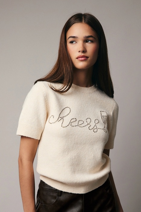 Cheers Round Neck Rhinestone Sweater | Women's Beige Top | Holiday Trendy Winter Shirt | Festive Style