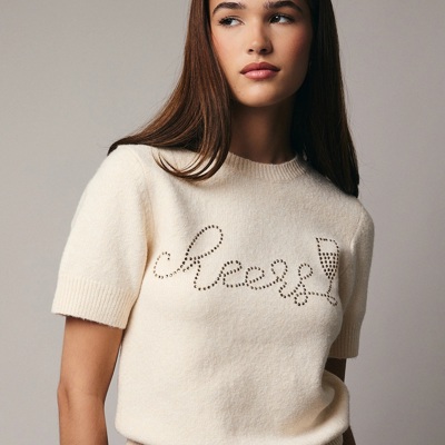 Cheers Round Neck Rhinestone Sweater | Women's Beige Top | Holiday Trendy Winter Shirt | Festive Style
