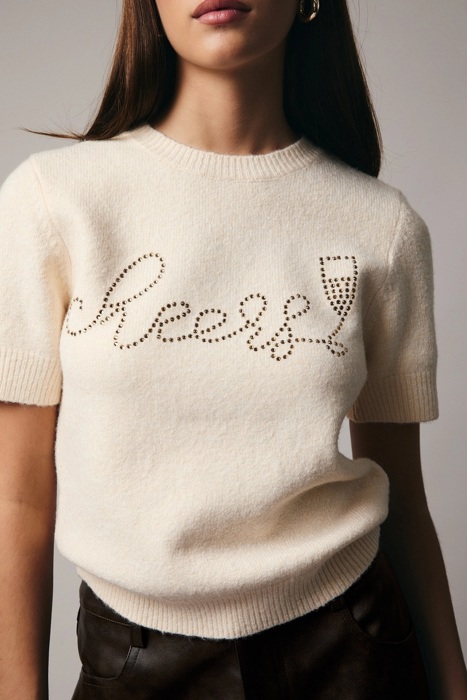 Cheers Round Neck Rhinestone Sweater | Women's Beige Top | Holiday Trendy Winter Shirt | Festive Style