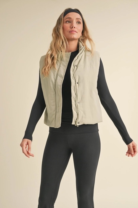 Chloe Puffer Vest | Sage Zip-Up Winter Women's Vest | Layering Vest | Warm Casual Athleisurewear