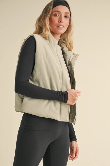 Chloe Puffer Vest | Sage Zip-Up Winter Women's Vest | Layering Vest | Warm Casual Athleisurewear