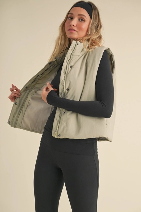 Chloe Puffer Vest | Sage Zip-Up Winter Women's Vest | Layering Vest | Warm Casual Athleisurewear