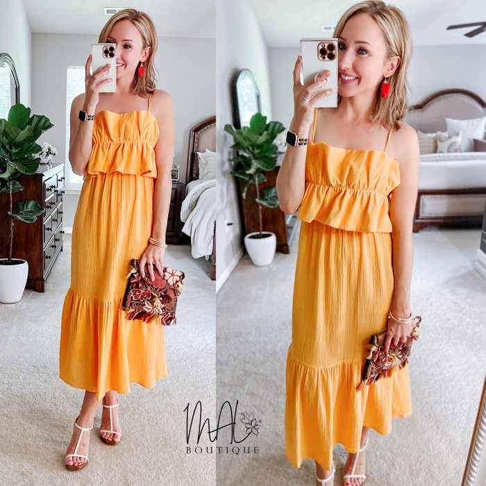 Deena Ruffle Bust Midi Dress | Yellow Spring Midi Dress | Wedding Guest Dress | Vacation Dress