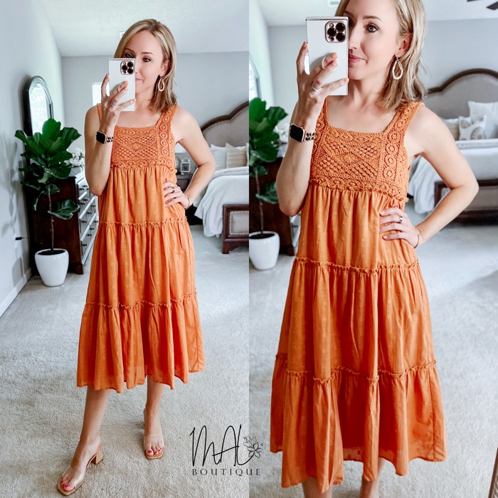 Denise Crochet Knit Midi Dress | Summer Vacation Dress | Wedding Guest Dress | Orange Midi Dress