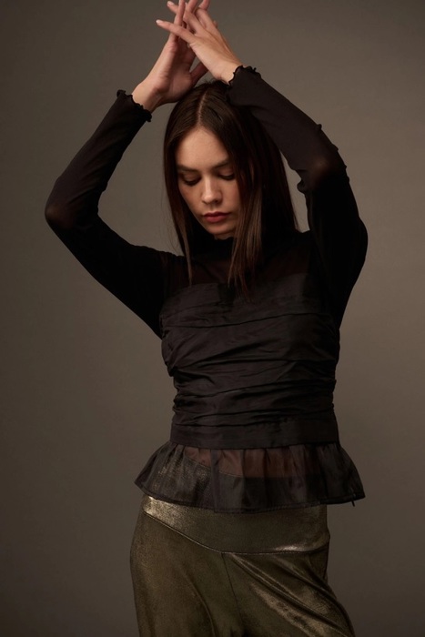 Eliza Solid Semi-Sheer Ruch Bodice Top | Women's Black Blouse | Date Night GNO Shirt | Side Zipper | Fall and Winter Style