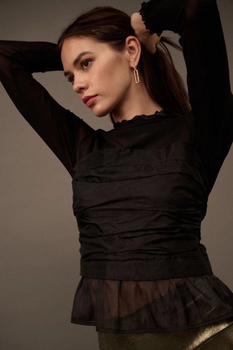 Eliza Solid Semi-Sheer Ruch Bodice Top | Women's Black Blouse | Date Night GNO Shirt | Side Zipper | Fall and Winter Style