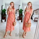  Emory Ruffled Strap Printed Midi Dress | Red Floral | Sweetheart Neckline | Wedding Guest Dress | Vacation Dress