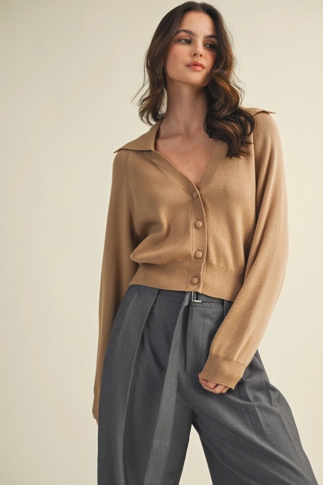 Erika Wide Collar Sweater Cardigan | Women's Beige Tan Neutral Button-Up | Fall and Winter Trendy Fashion | Layering